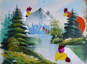 Altered thrift store painting of a lake, trees and mountains with large, displeased chickens painted on top